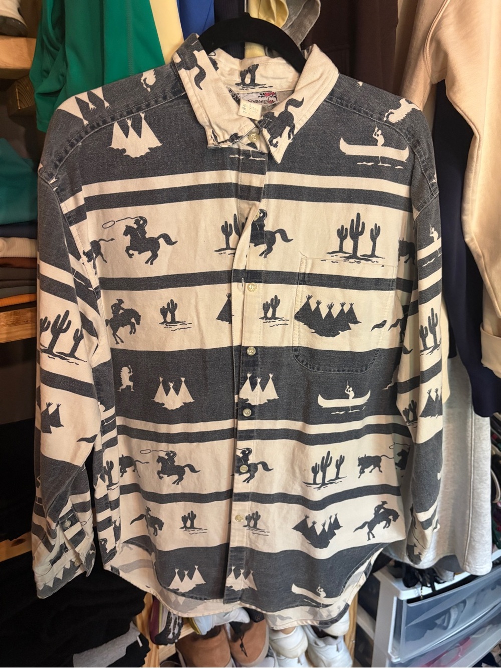 Cotton Express Cream and Charcoal Western Print Button-Down Shirt